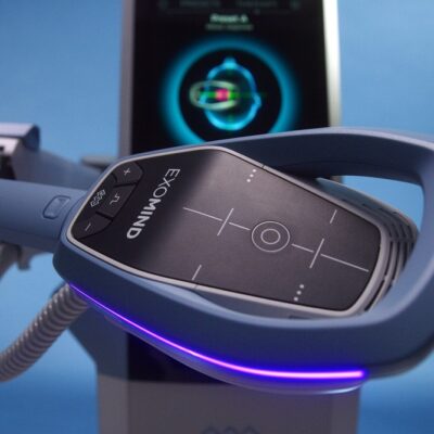 Close-up of the EXOMIND brain stimulation device, designed to deliver magnetic pulses to the dorsolateral prefrontal cortex—a region involved in focus, memory, and mood regulation—without medication or sedation.